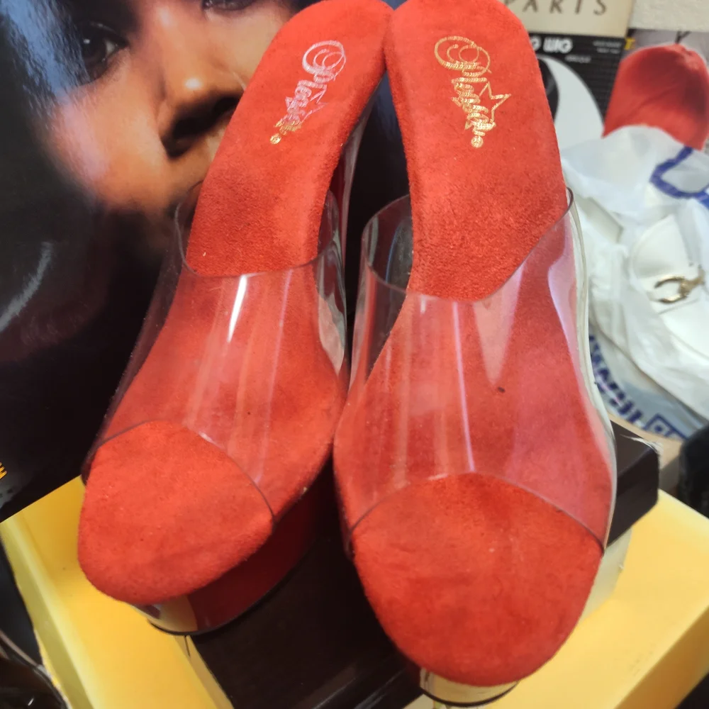 Elegant Red Stilettos with Clear Strap - Picture 2 of 8